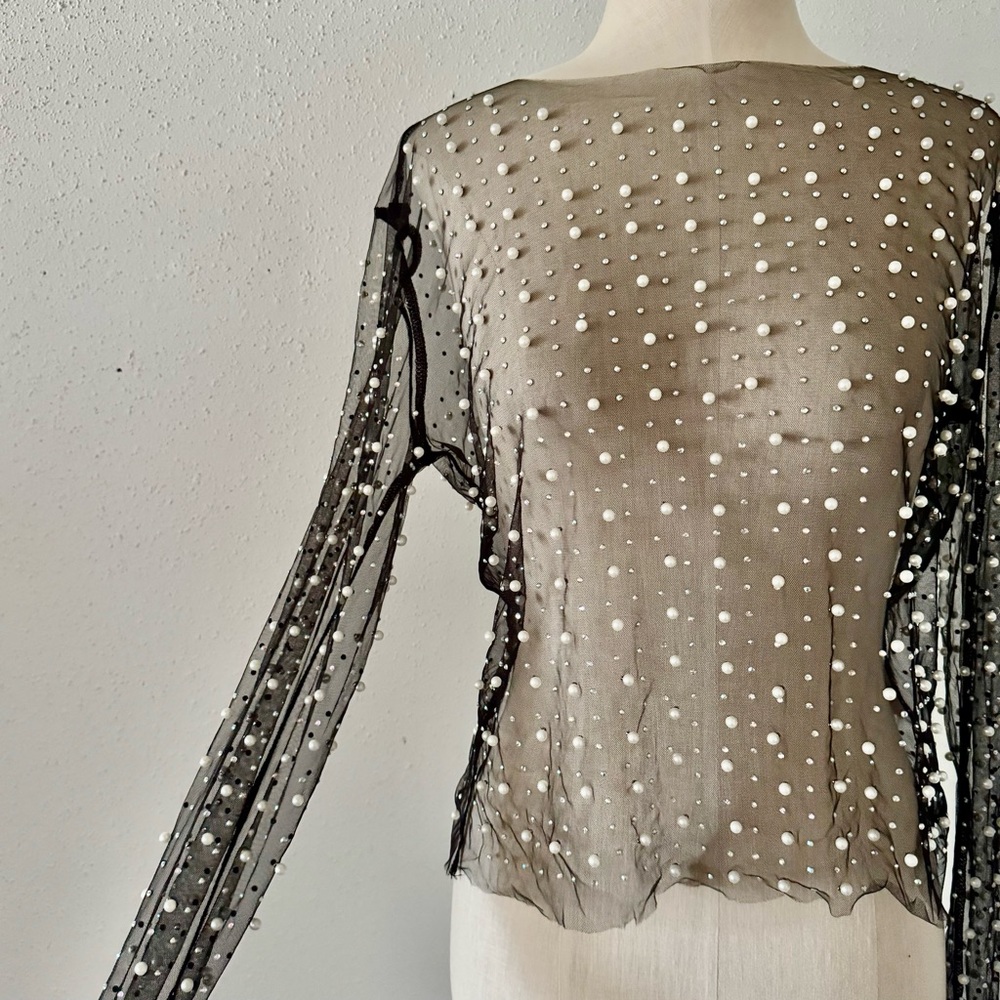 WHITE BIRCH Pearl Beaded Long Sleeve Mesh Top Sheer Black Women's Size Large L